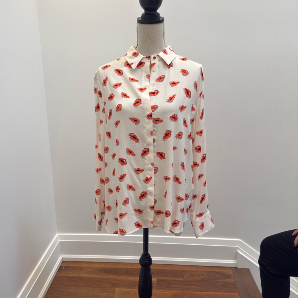 Zara White Button Down Shirt with Red Lip Print NWT